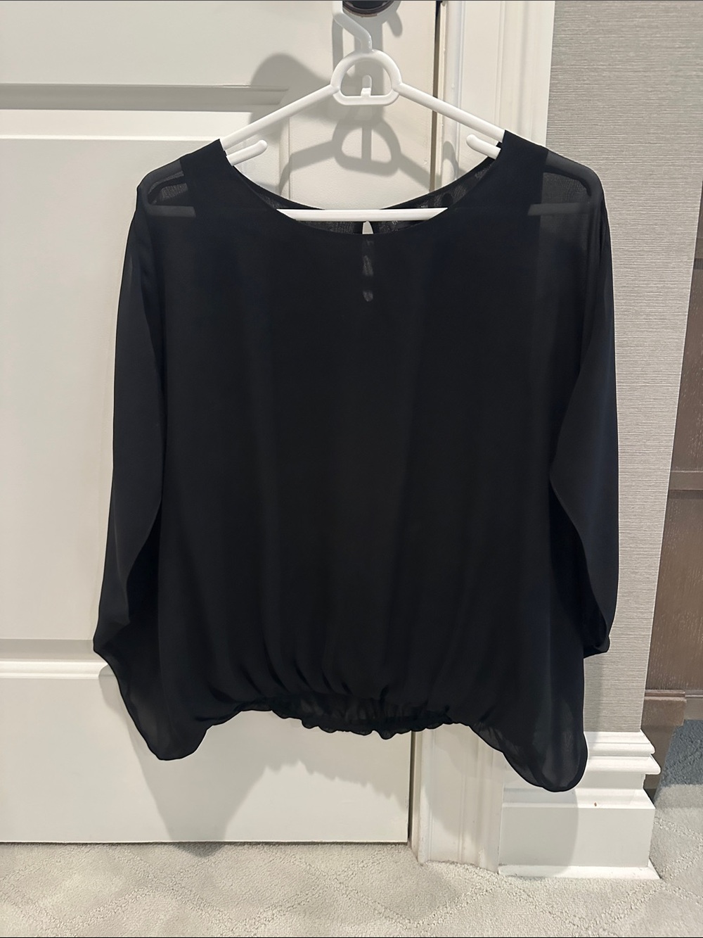 Vince Camuto Black Sheer Long-Sleeve Blouse with Gathered Hem